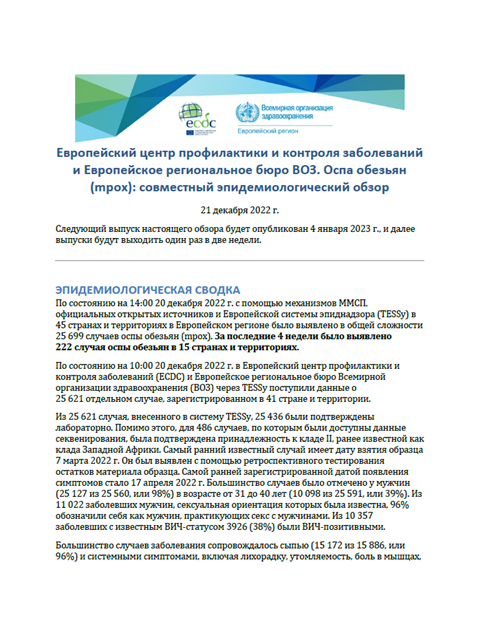 Европейский центр профилактики и контроля заболеваний и Европейское региональное бюро ВОЗ. Оспа обезьян (mpox): совместный эпидемиологический обзор: 21 декабря 2022 г.