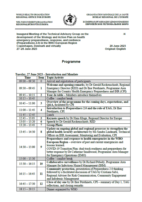 Technical Advisory Group on the development of the Strategy and Action Plan on health emergency preparedness, response, and resilience (Preparedness 2.0) in the WHO European Region - Inaugural Meeting - Programme