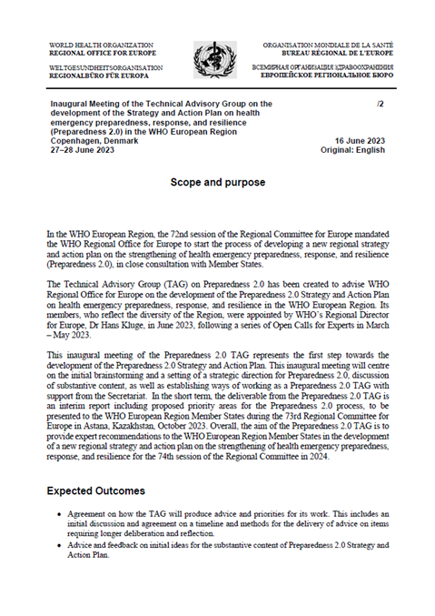 Technical Advisory Group on the development of the Strategy and Action Plan on health emergency preparedness, response, and resilience (Preparedness 2.0) in the WHO European Region - Inaugural Meeting - Scope and purpose