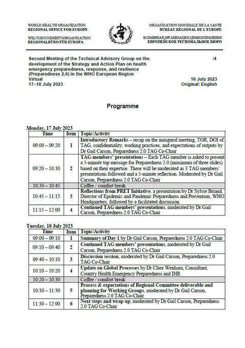 Technical Advisory Group on the development of the Strategy and Action Plan on health emergency preparedness, response, and resilience (Preparedness 2.0) in the WHO European Region - Second Meeting - Programme