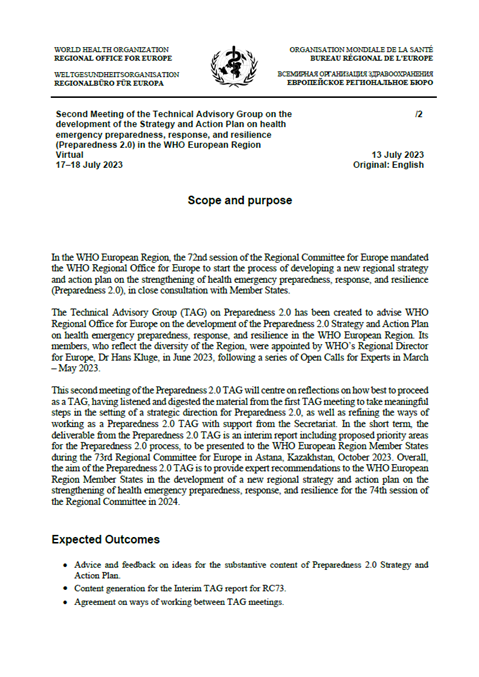 Technical Advisory Group on the development of the Strategy and Action Plan on health emergency preparedness, response, and resilience (Preparedness 2.0) in the WHO European Region - Second Meeting - Scope and purpose