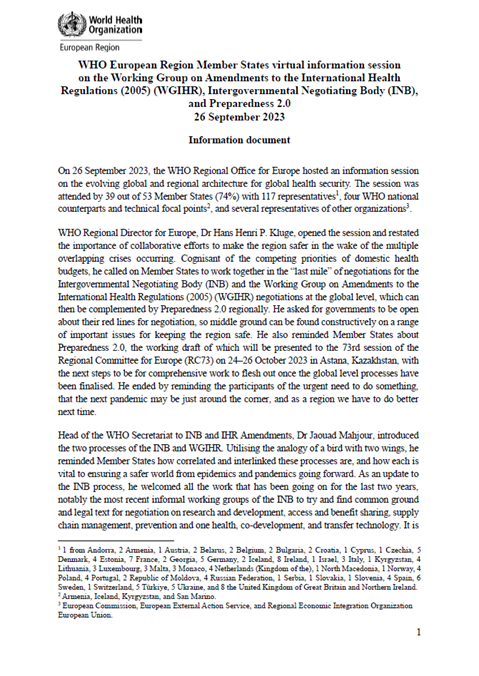 Information session on the Working Group on amendments to the International Health Regulations (2005) (WGIHR), Intergovernmental Negotiating Body (INB), and Preparedness 2.0 - Information document