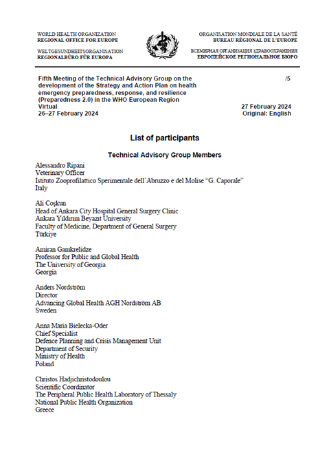 Technical Advisory Group on the development of the Strategy and Action Plan on health emergency preparedness, response, and resilience (Preparedness 2.0) in the WHO European Region - Fifth Meeting - List of participants