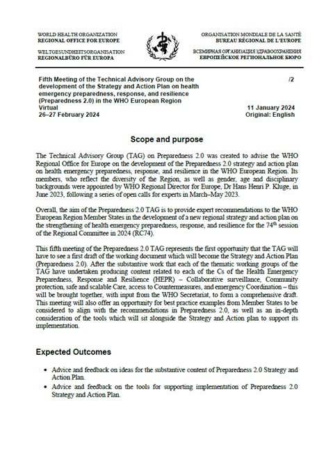 Technical Advisory Group on the development of the Strategy and Action Plan on health emergency preparedness, response, and resilience (Preparedness 2.0) in the WHO European Region - Fifth Meeting - Scope and purpose