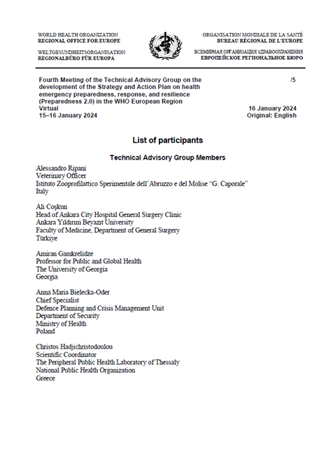 Technical Advisory Group on the development of the Strategy and Action Plan on health emergency preparedness, response, and resilience (Preparedness 2.0) in the WHO European Region - Fourth Meeting - List of participants