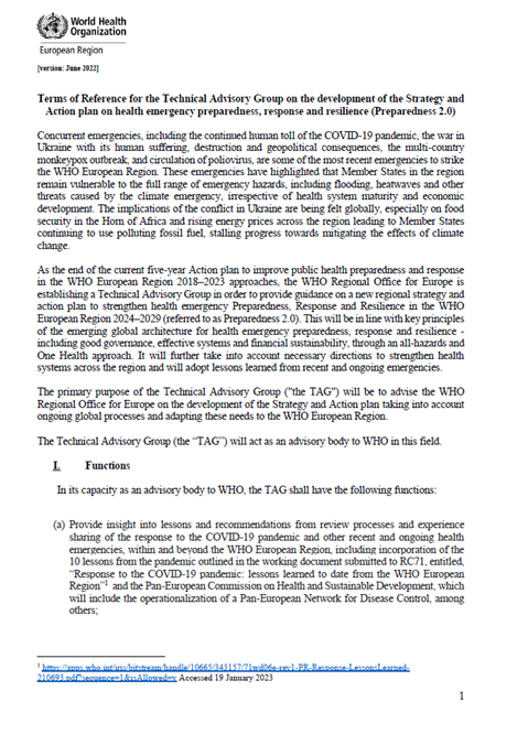 Terms of Reference - Technical Advisory Group on the development of the Strategy and Action plan on health emergency preparedness, response and resilience (Preparedness 2.0)