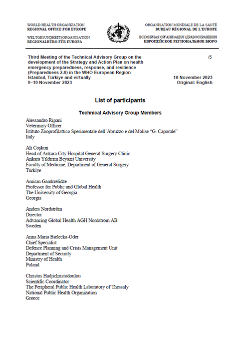 Technical Advisory Group on the development of the Strategy and Action Plan on health emergency preparedness, response, and resilience (Preparedness 2.0) in the WHO European Region - Third Meeting - List of participants