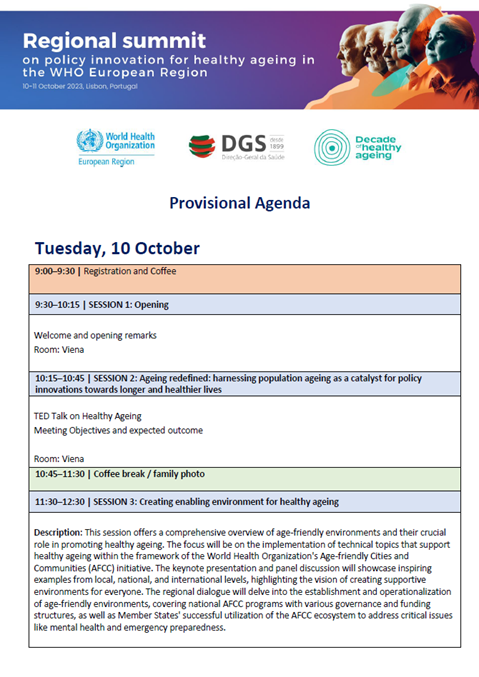 Regional summit on policy innovation for healthy ageing in the WHO European Region - Provisional agenda