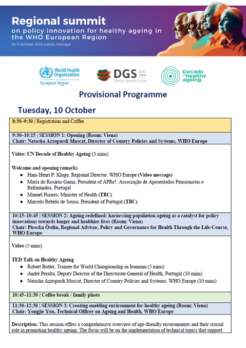 Regional summit on policy innovation for healthy ageing in the WHO European Region - Provisional programme
