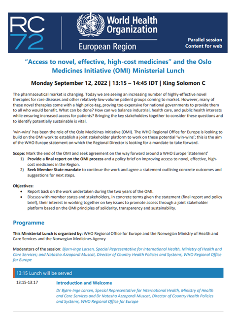 Programme - RC72 Ministerial Lunch: “Access to novel, effective, high-cost medicines” and the Oslo Medicines Initiative (OMI) (12 September 2022, 13:15–14:45 IDT)