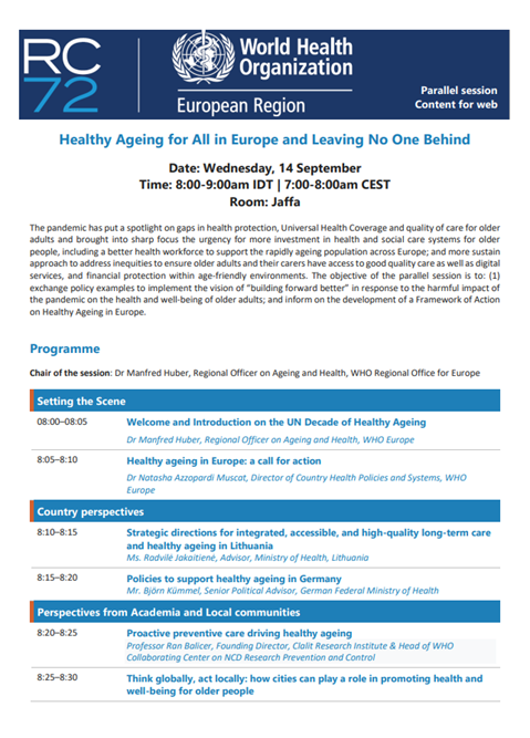 Programme - RC72 Parallel Session 7: Healthy Ageing for All in Europe and Leaving No One Behind (14 September 2022, 8:00-9:00 IDT)