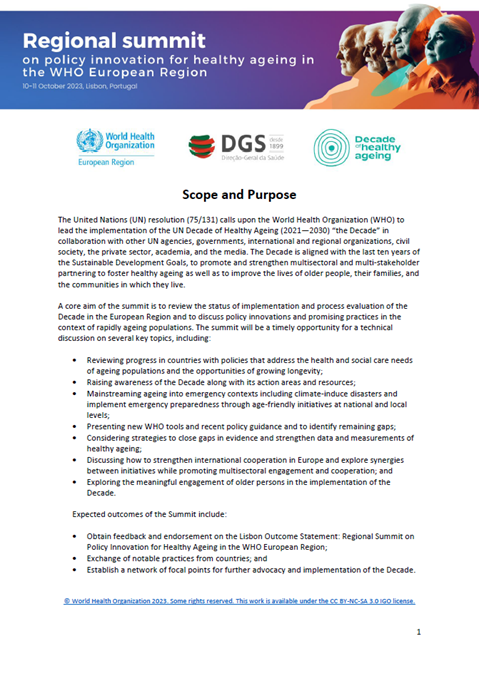 Regional summit on policy innovation for healthy ageing in the WHO European Region - Scope and purpose