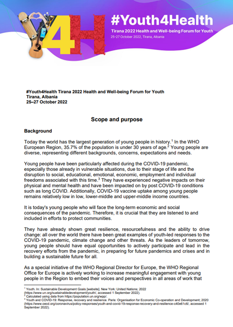 #Youth4Health – Tirana 2022 Health and Well-being Forum for Youth - Scope and purpose