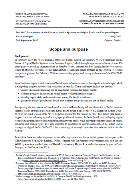 Second WHO Symposium on the Future of Health Systems in a Digital Era in the European Region - Scope and purpose