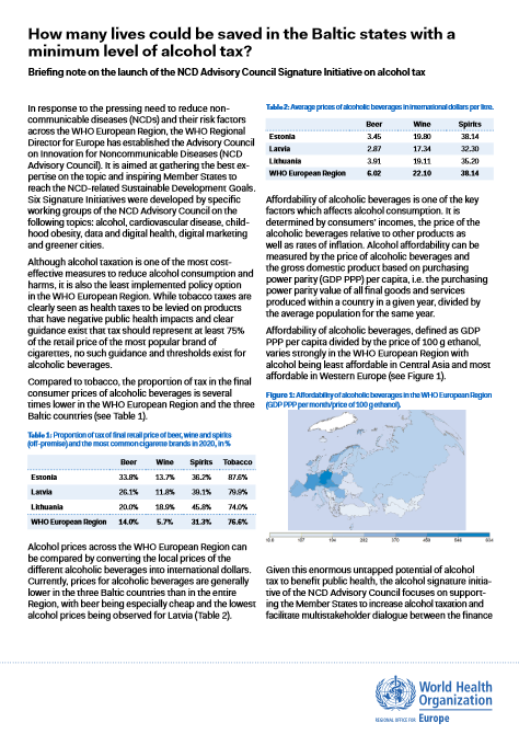 How many lives could be saved in the Baltic states with a minimum level of alcohol tax? Briefing note on the launch of the NCD Advisory Council Signature Initiative on alcohol tax (2022)