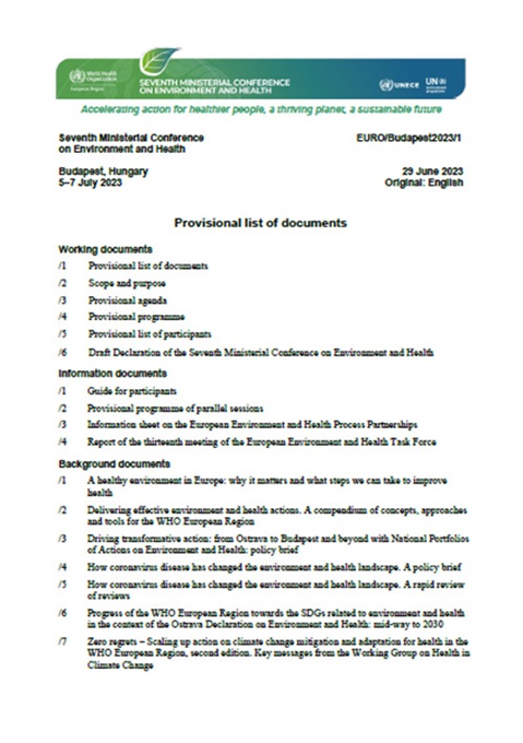 Seventh Ministerial Conference on Environment and Health - Provisional list of documents