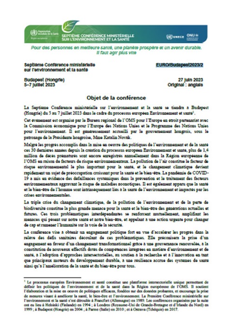 Septième Conférence ministérielle sur l'environnement et la santé - Objet de la conférence