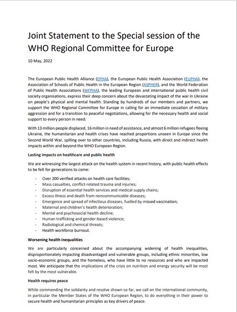 Joint Statement to the Special session of the WHO Regional Committee for Europe - EPHA, EUPHA, ASPHER, WFPHA