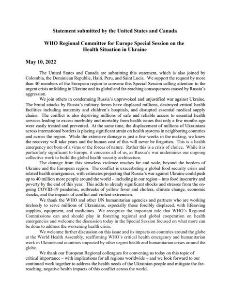 Special Session of the WHO Regional Committee for Europe 10–11 May 2022 - Statement of United States and Canada