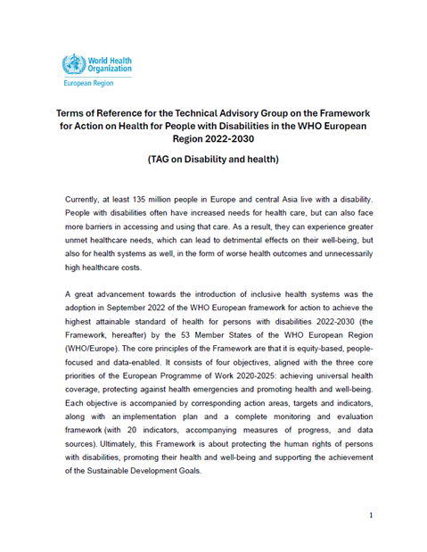 Technical Advisory Group on the Framework for Action on Health for People with Disabilities in the WHO European Region 2022-2030 (TAG on Disability and health) - Terms of Reference