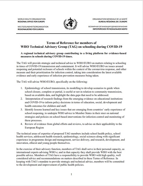 Terms of Reference for members of WHO Technical Advisory Group (TAG) on schooling during COVID-19