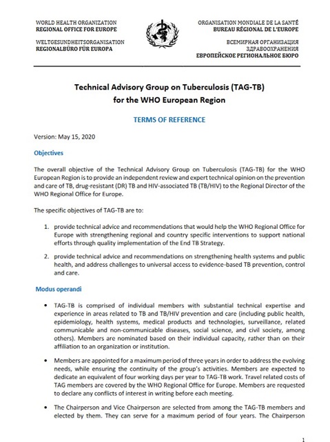 Technical Advisory Group on Tuberculosis (TAG-TB) for the WHO European Region: Terms of reference