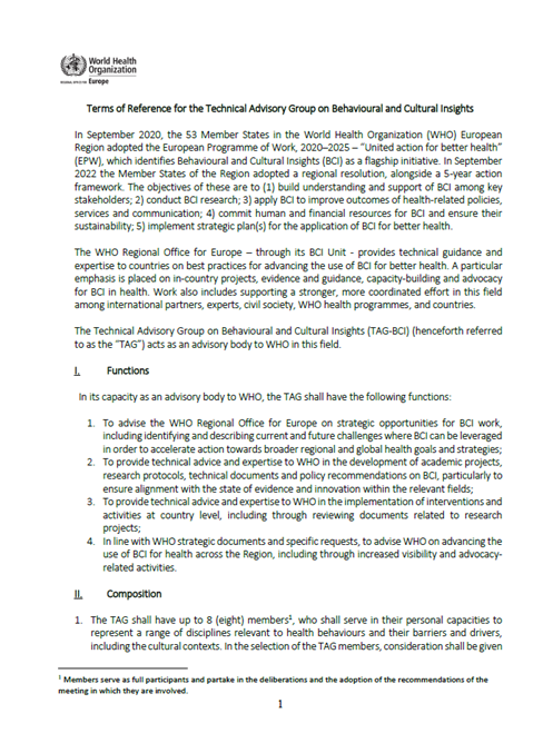 Technical Advisory Group on Behavioural and Cultural Insights (TAG-BCI) - Terms of Reference