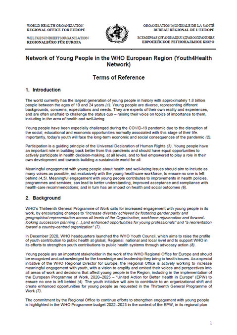 Network of Young People in the WHO European Region (Youth4Health Network) Terms of Reference