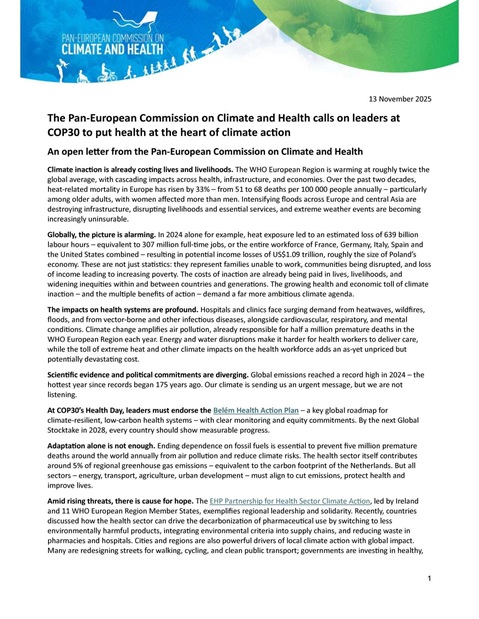 The Pan-European Commission on Climate and Health calls on leaders at COP30 to put health at the heart of climate action