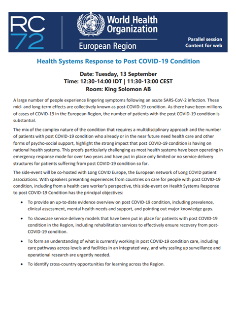 Programme - RC72 Parallel Session 5: Health systems response to post COVID-19 condition (13 September 2022, 12:30-14:00 IDT)