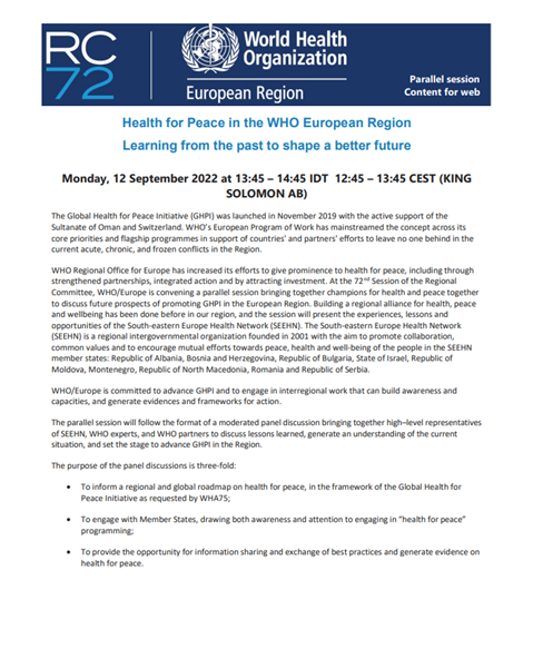 Programme - RC72 Parallel Session 2: Health for Peace in the WHO European Region (12 September 2022, 13:45-14:45 IDT)