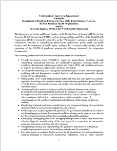Collaboration Framework Arrangement Among the Department of Health and Human Services of the United States of America, the Pan American Health Organization, and the European Regional Office of the World Health Organization