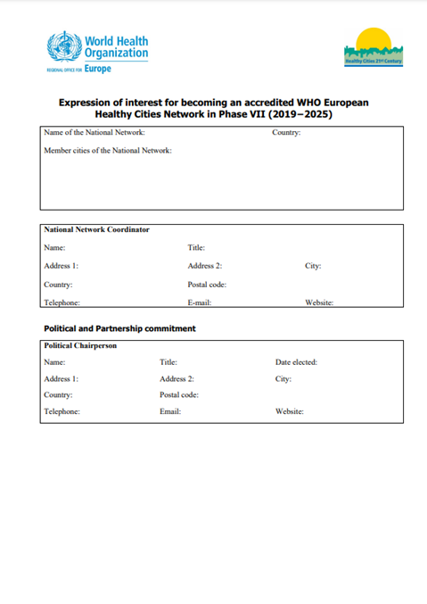 National Networks – template for expression of interest for becoming a member of the WHO European Healthy Cities Network in Phase VII (2019-2025)