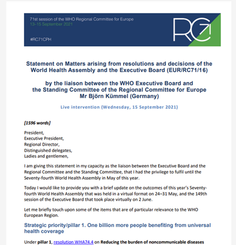 Déclaration sur le rapport relatif aux questions soulevées par les résolutions et décisions de l’Assemblée mondiale de la santé et du Conseil exécutif (EUR/RC71/16)