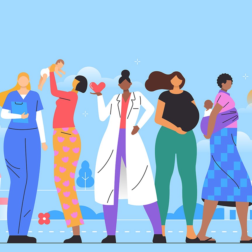 World Health Day 2025 - stylized graphic of different women, mothers and health workers.