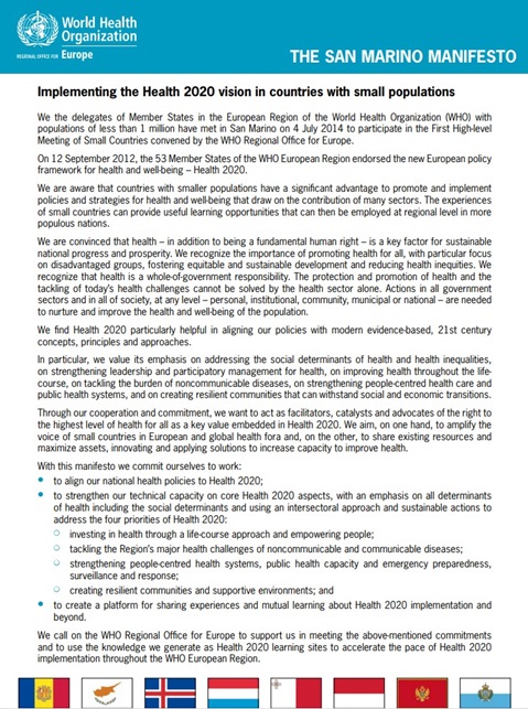 The San Marino Manifesto - Implementing the Health 2020 vision in countries with small populations