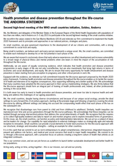 The Andorra Statement - Health promotion and disease prevention throughout the life-course