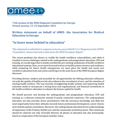 Written statement on behalf of AMEE- the Association for Medical Education in Europe “to leave none behind in education”