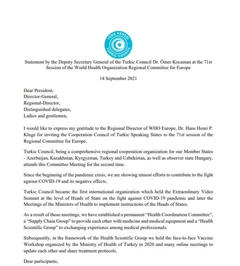 Statement by the Deputy Secretary General of the Turkic Council Dr. Ömer Kocaman at the 71st - Session of the World Health Organization Regional Committee for Europe