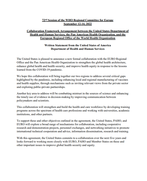 United States of America: WHO RC72 - Written Statement from the Department of Health and Human Services