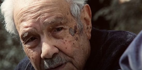 An elderly man looks directly at the camera