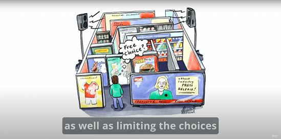 A cartoon depicting a man at the entrance of what looks like a supermarket turned into a maze.