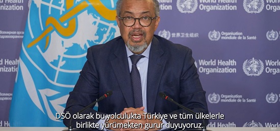 WHO Director-General delivering a video message for the 3rd Traditional and Complementary Medicine Congress in Türkiye, expressing pride in working alongside Türkiye and other countries.