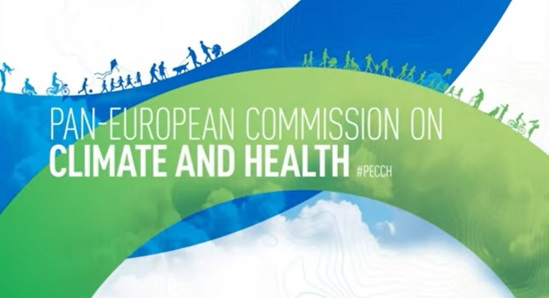 Illustration with green and blue curves and silhouettes of people walking, cycling, and playing, with the text 'Pan-European Commission on Climate and Health