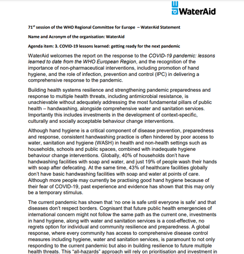 71st session of the WHO Regional Committee for Europe – WaterAid Statement Agenda item: 3. COVID-19 lessons learned: getting ready for the next pandemic