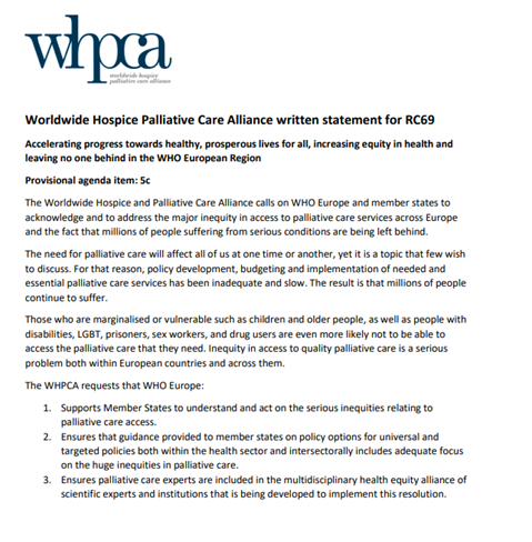Worldwide Hospice Palliative Care Alliance written statement for RC69 Accelerating progress towards healthy, prosperous lives for all, increasing equity in health and leaving no one behind in the WHO European Region Provisional agenda item: 5c